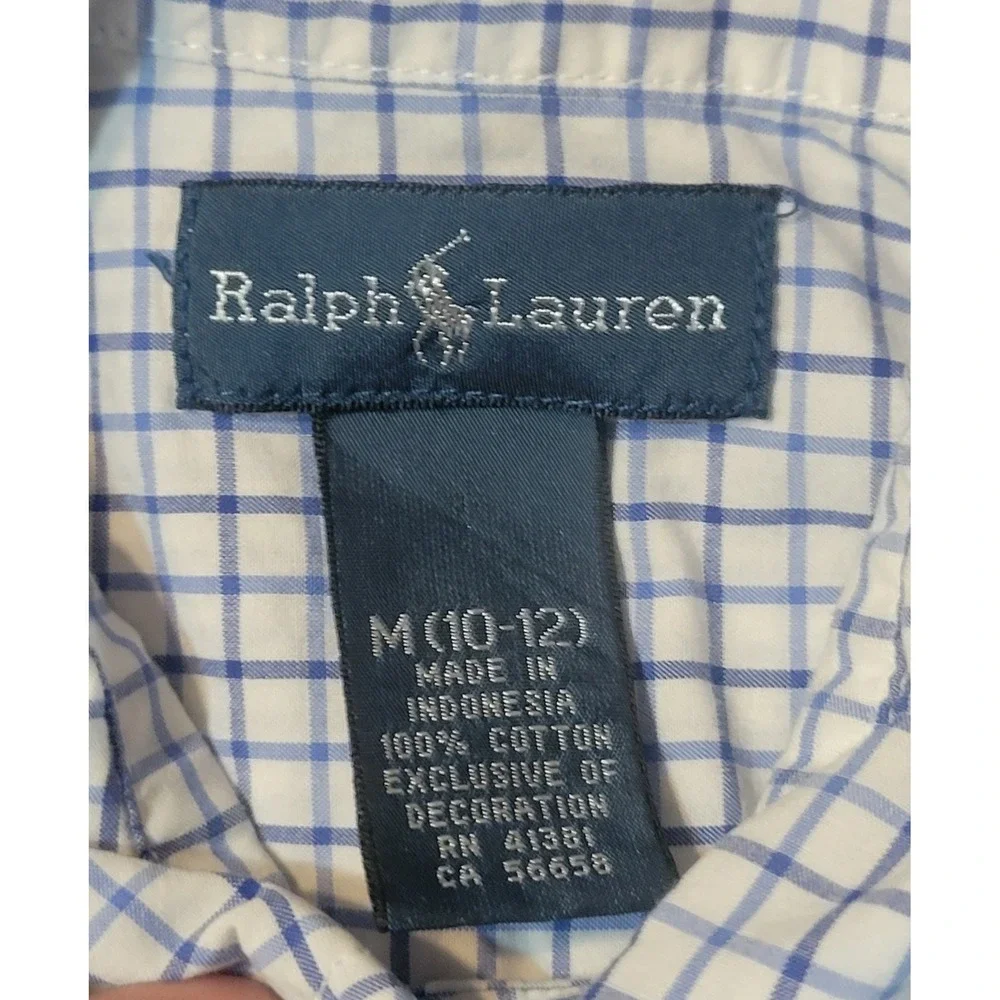Ralph Lauren Boys Blue White Tattersall Check Button Down Shirt M 10-12 Cotton